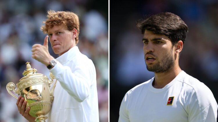 Split image of Jannik Sinner celebrating with the 2025 Wimbledon trophy (L) and Carlos Alcaraz looking on during Wimbledon 2025 (R)