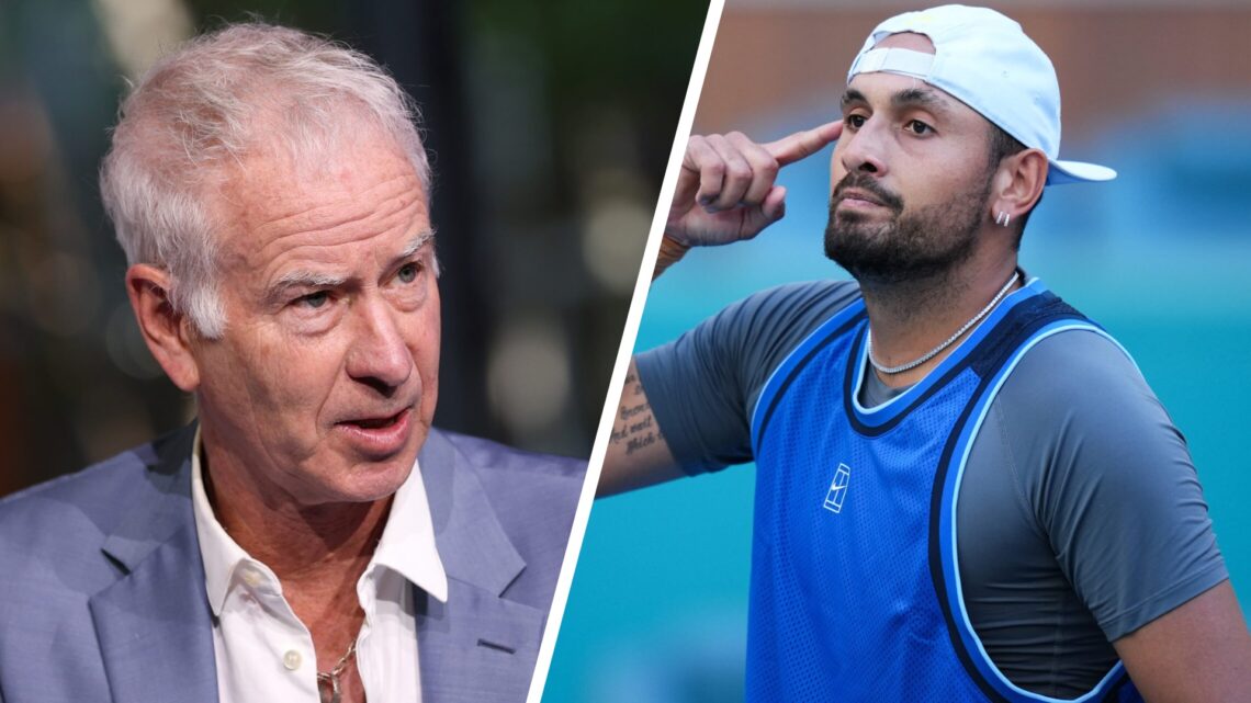 Split image of John McEnroe speaks during the US Open Reimagining Spectacular investment announcement for the Arthur Ashe and USTA Billie Jean King...