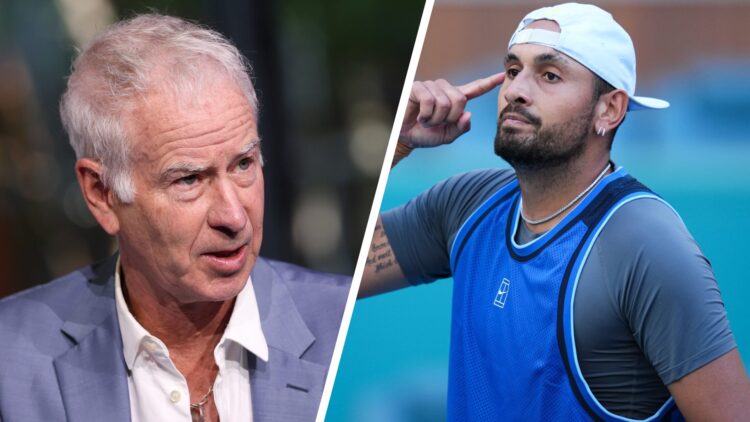 Split image of John McEnroe speaks during the US Open Reimagining Spectacular investment announcement for the Arthur Ashe and USTA Billie Jean King...
