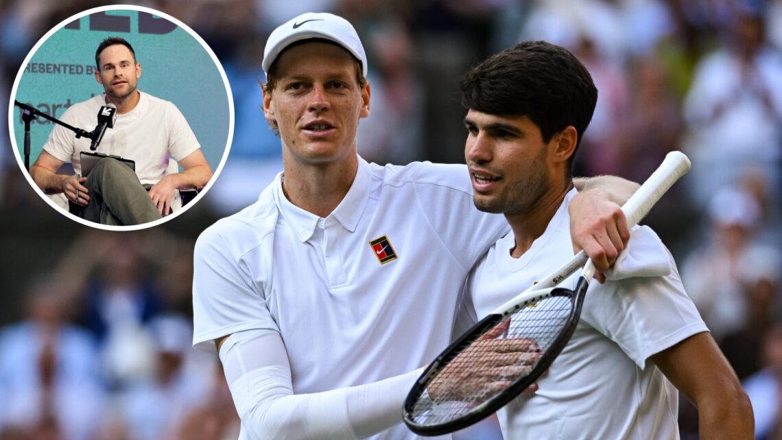 Jannik Sinner of Italy and Carlos Alcaraz of Spain after the Men's Singles Final on day fourteen of The Championships Wimbledon 2025 at All England...