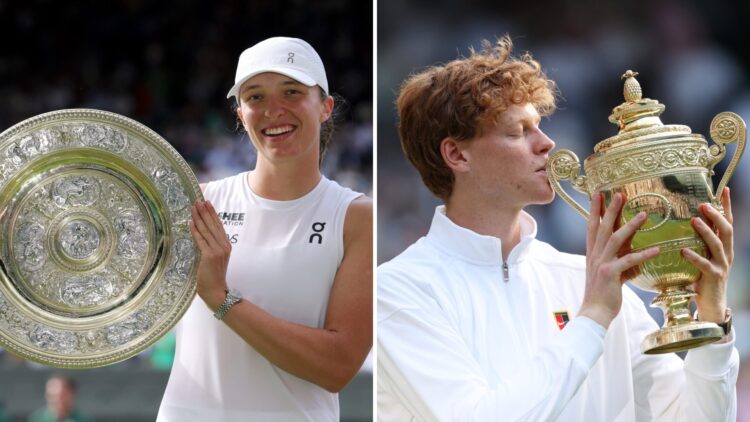 Split image of Iga Swiatek (L) and Jannik Sinner (R) holding their 2025 Wimbledon trophies