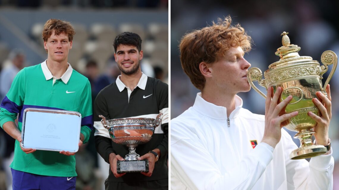 Split image of Carlos Alcaraz of Spain poses for a photo with the Coupe des Mousquetaires trophy alongside runner-up Jannik Sinner of Italy followi...