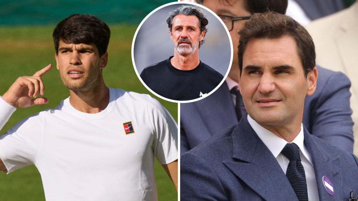 Split image of Carlos Alcaraz of Spain reacts as he takes the first set against Jannik Sinner of Italy during Gentlemen's singles final on Centre C...