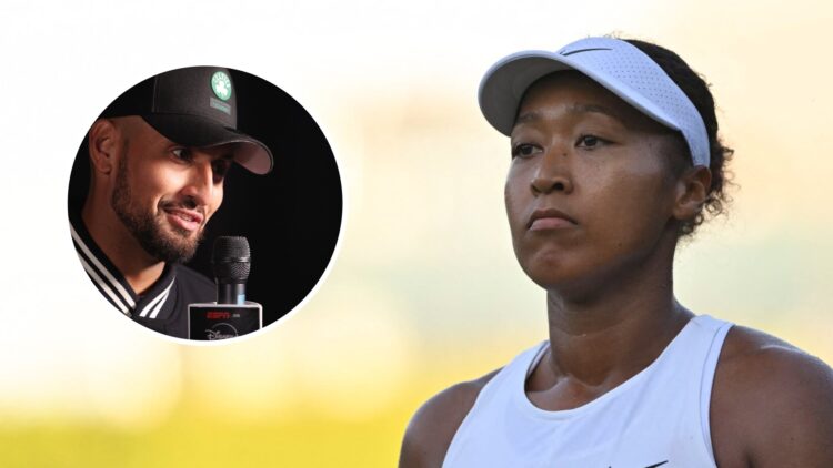 Image of Naomi Osaka looking on during her first-round match at Wimbledon in 2025, inset of Nick Kyrgios being interviewed at the ESPN on Disney+ L...