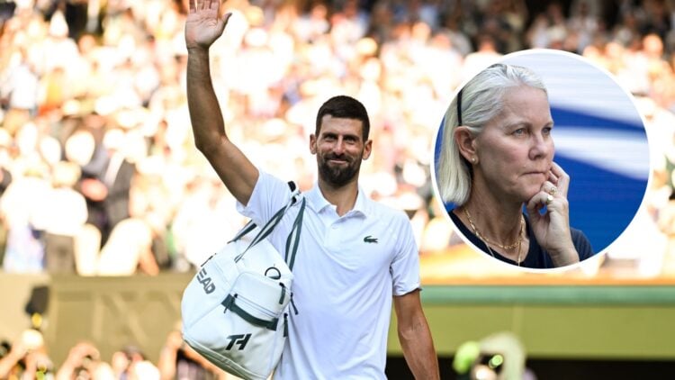 Novak Djokovic (L) waves goodbye to the Wimbledon crowd, Rennae Stubbs (R)looks on ahead of the 2022 US Open tournament.