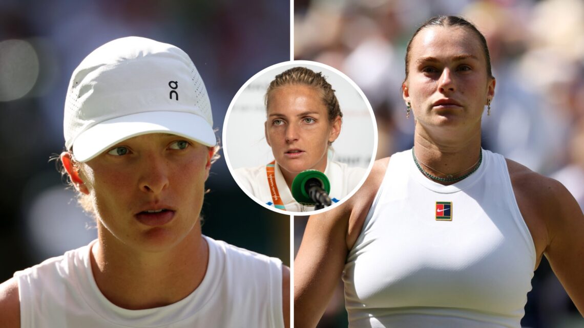 Split image of Iga Swiatek of Poland looks on against Belinda Bencic of Switzerland during the Ladies' Singles semi-final match on day eleven of Th...