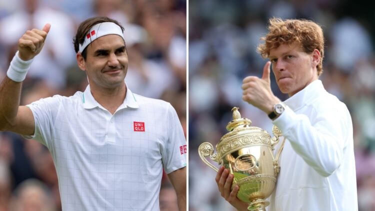 Split image of Roger Federer celebrating at Wimbledon 2021 (L) and Jannik Sinner celebrating at Wimbledon 2025 (R)