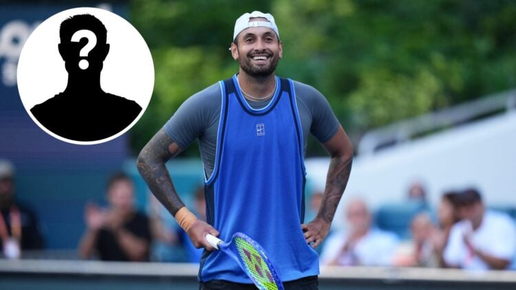 Nick Kyrgios of Australia reacts against Mackenzie McDonald of the United States during their match on Day 2 at Hard Rock Stadium, with a mystery p...