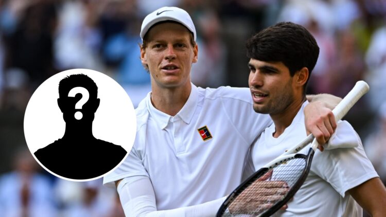 Jannik Sinner and Carlos Alcaraz embrace after the 2025 Wimbledon final, inset a Mystery Player
