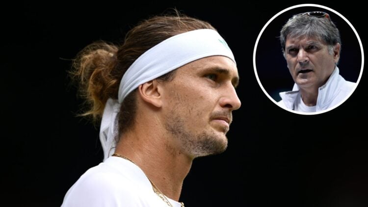Alexander Zverev of Germany reacts against Arthur Rinderknech of France on day two of The Championships Wimbledon 2025 at All England Lawn Tennis a...