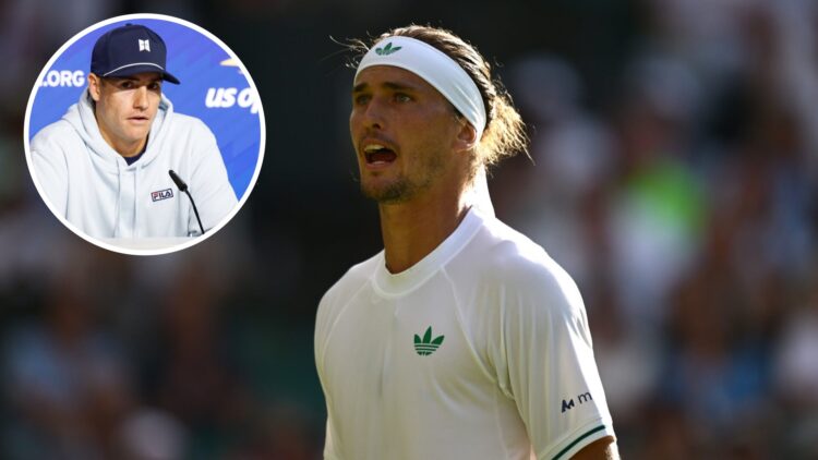 Alexander Zverev of Germany looks on against Arthur Rinderknech of France on day two of The Championships Wimbledon 2025 at All England Lawn Tennis...