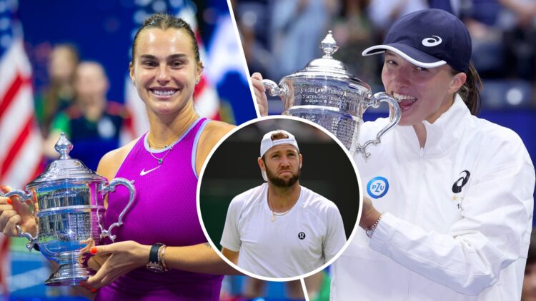 Split image of Aryna Sabalenka poses with the champions trophy after defeating Jessica Pegula of the United States in the singles final on Day 13 o...