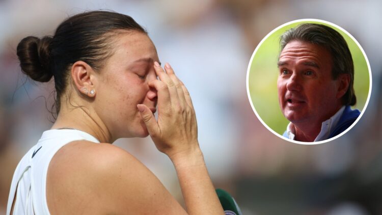 Image of Amanda Anisimova in tears after losing the 2025 Wimbledon final to Iga Swiatek, inset of Jimmy Connors answering questions during an inter...