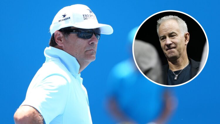 Image of Toni Nadal watching a Rafael Nadal training session at the 2015 Australian Open, inset of John McEnroe giving an interview ahead of Team U...