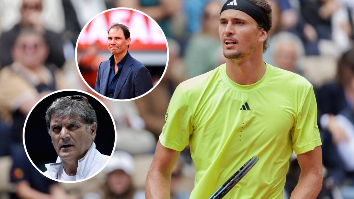 Alexander Zverev looks on during the 2025 French Open, insets Rafael Nadal is honoured at the 2025 French Open and Toni Nadal looks on at the 2017 ...