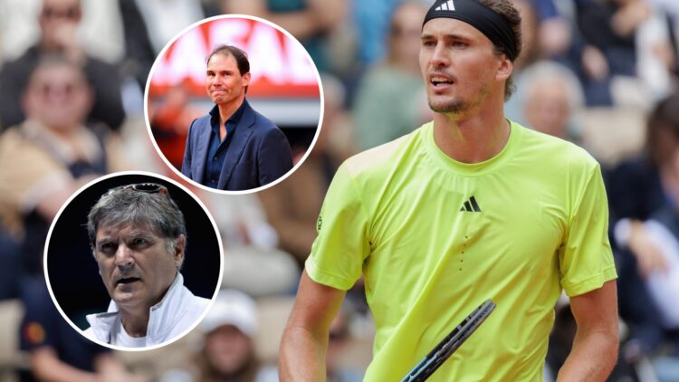 Alexander Zverev looks on during the 2025 French Open, insets Rafael Nadal is honoured at the 2025 French Open and Toni Nadal looks on at the 2017 ...