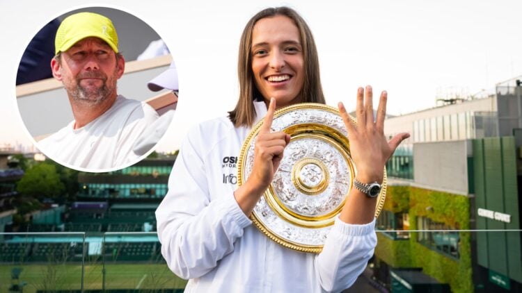 Iga Swiatek of Poland poses with six fingers representing her six Grand Slam wins after defeating Amanda Anisimova of the United States in the wome...