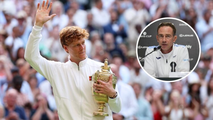 Image of Jannik Sinner waving to the crowd after winning the 2025 Wimbledon final, inset of Filippo Volandri speaking during a press conference at ...