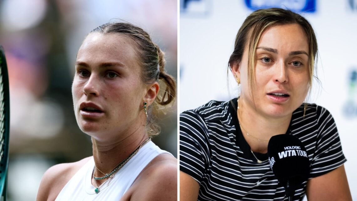 Split image of Aryna Sabalenka looks on against Amanda Anisimova of United States during the Ladies' Singles semi-final on day eleven of The Champi...