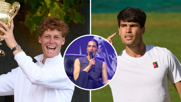 Split image of Jannik Sinner of Italy holds the Gentlemens' Singles Trophy, on the clubhouse balcony, after beating Carlos Alcaraz of Spain in the ...