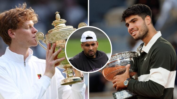 Split image of Jannik Sinner kissing the Wimbledon trophy after the 2025 final, image of Carlos Alcaraz posing with the French Open trophy after th...