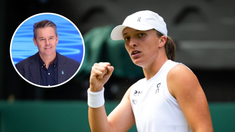 Image of Iga Swiatek celebrating a point during her second-round win at Wimbledon in 2025, inset of Todd Woodbridge speaking during the Australian ...