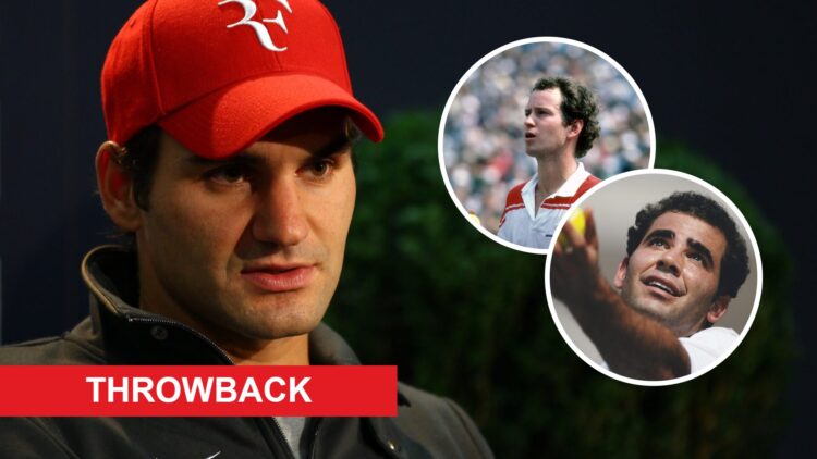 Image of Roger Federer speaking to the media at the 2010 Swiss Indoors, inset of John McEnroe reacting during the 1983 US Open, inset of Pete Sampr...