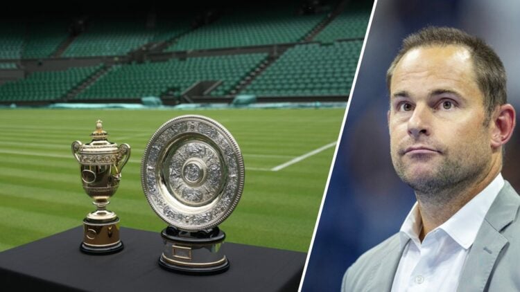 Split image of the 2025 Wimbledon trophies (L) and Andy Roddick looking on during the 2023 US Open (R)