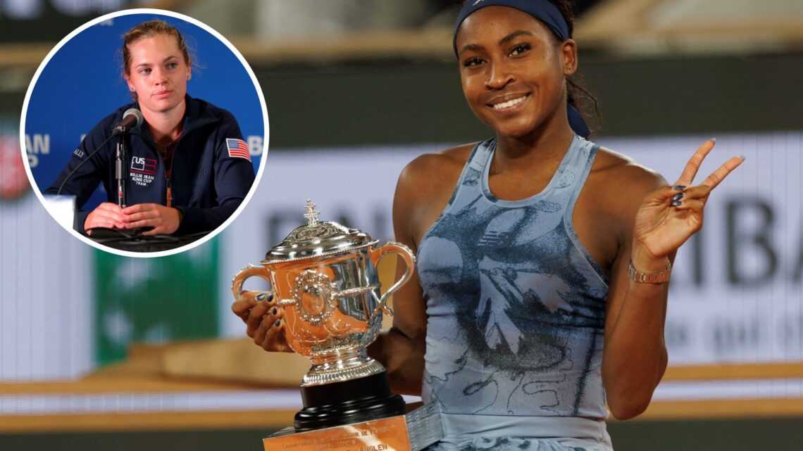 Coco Gauff of United States with the Coupe Suzanne Lenglen trophy after her victory over Aryna Sabalenka in the Women's Singles Final match on Day ...