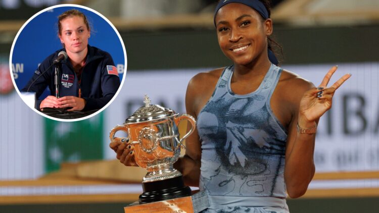 Coco Gauff of United States with the Coupe Suzanne Lenglen trophy after her victory over Aryna Sabalenka in the Women's Singles Final match on Day ...