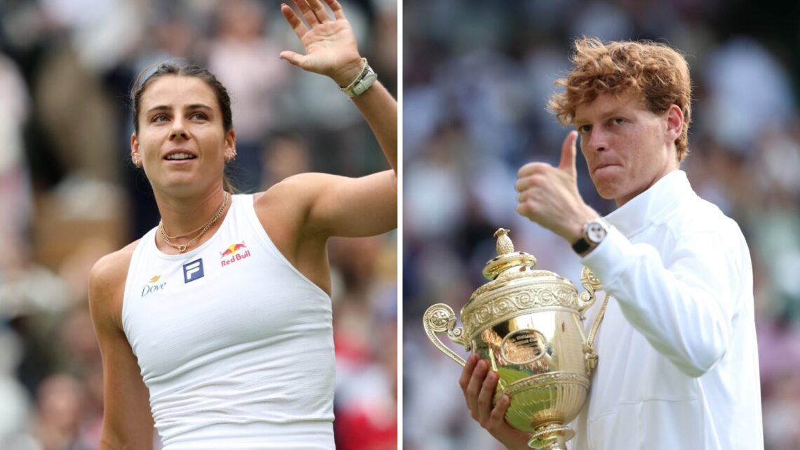 Emma Navarro (L) waves to the Wimbledon crowd, Jannik Sinner (R) with the Wimbledon trophy.