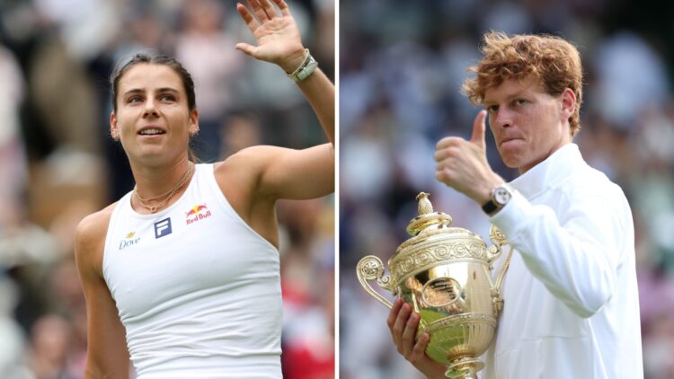 Emma Navarro (L) waves to the Wimbledon crowd, Jannik Sinner (R) with the Wimbledon trophy.