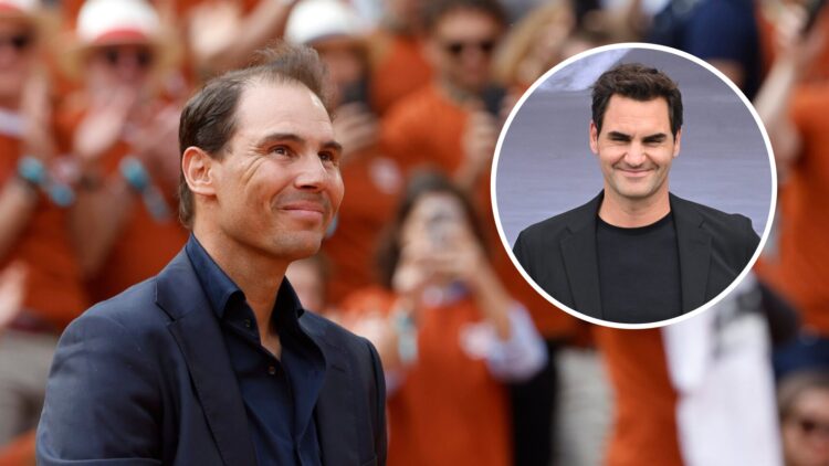 Image of Rafael Nadal looking on during the 2025 French Open ceremony, inset of Roger Federer attending a Dior Menswear show in 2025