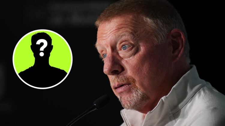 Image of Boris Becker speaking during the 2024 Laureus Sports Awards, inset of a male mystery player