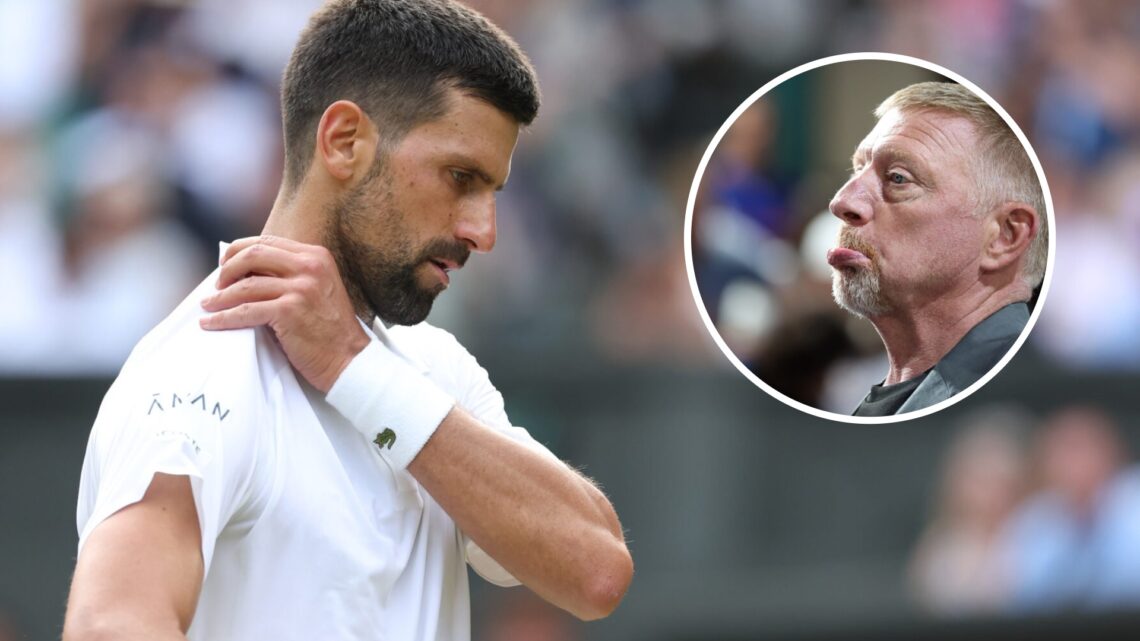 Image of Novak Djokovic looking on during his win over Flavio Cobolli at Wimbledon, inset of Boris Becker watching Handball at the 2024 Olympic Gam...