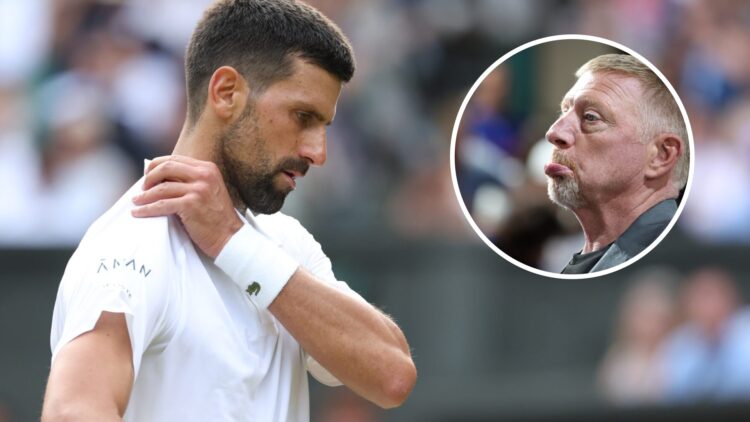 Image of Novak Djokovic looking on during his win over Flavio Cobolli at Wimbledon, inset of Boris Becker watching Handball at the 2024 Olympic Gam...