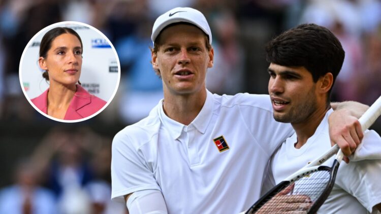 Image of Jannik Sinner and Carlos Alcaraz embracing after the 2025 Wimbledon final, inset of Andrea Petkovic looking on during the 2024 Porsche Ten...