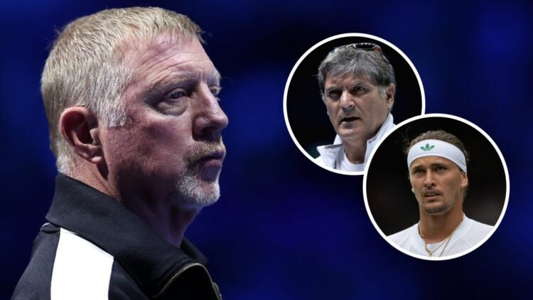 Image of Boris Becker watching Holger Rune play at the 2023 ATP Finals, inset of Toni Nadal looking on during the 2017 ATP Finals, inset of Alexand...