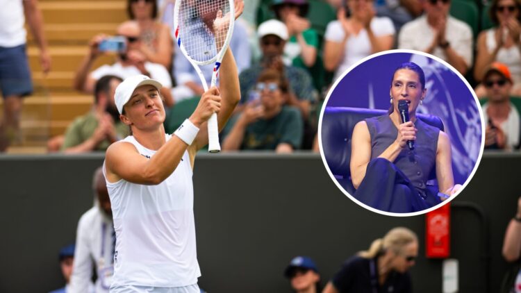 Image of Iga Swiatek celebrating her first-round win at Wimbledon in 2025, inset of Andrea Petkovic on stage at the 2024 OMR Festival in Hamburg