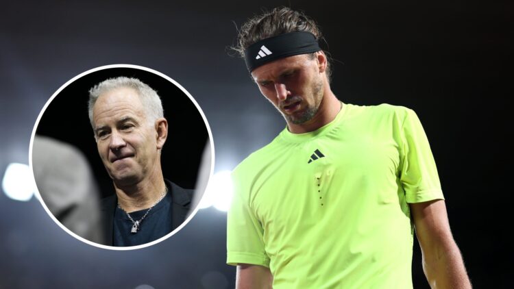 John McEnroe (L) gives an interview ahead of Team USA's Davis Cup tie with Belgium in 2015, Alexander Zverev (R) at the French Open.