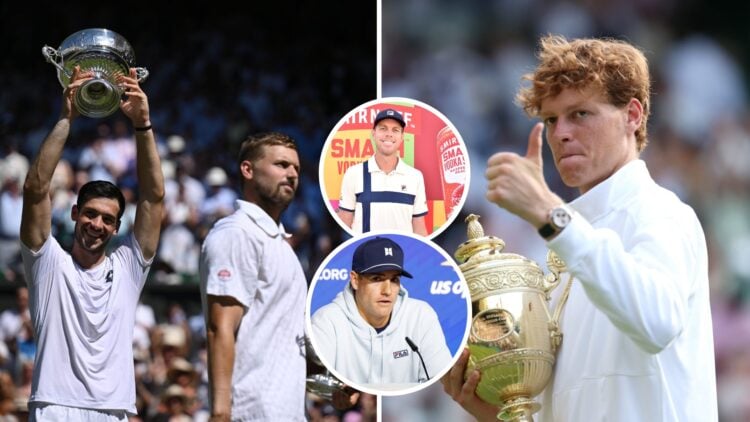 Split image of Julian Cash of Great Britain celebrates with his Gentlemen's Doubles Trophy as team mate Lloyd Glasspool of Great Britain looks on f...
