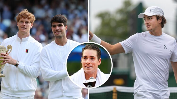 Split image of Jannik Sinner of Italy poses with the Gentlemen’s Singles Trophy alongside Carlos Alcaraz of Spain with the Gentlemen’s Singles Runn...