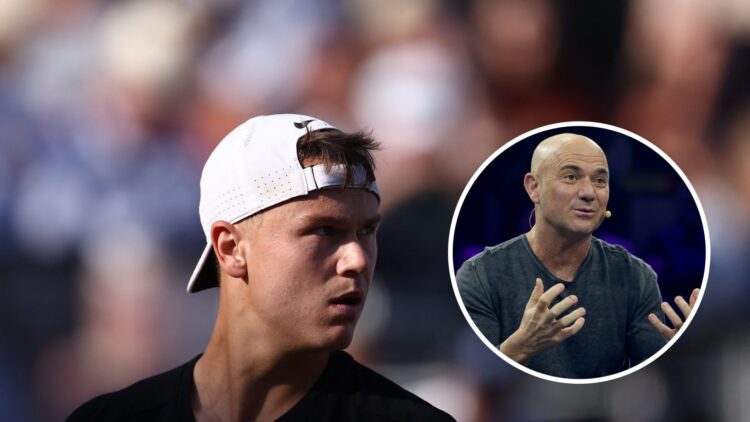 Holger Rune (L) looks on at Queen's in 2025, Andre Agassi (R) speaking in Munich in 2024.