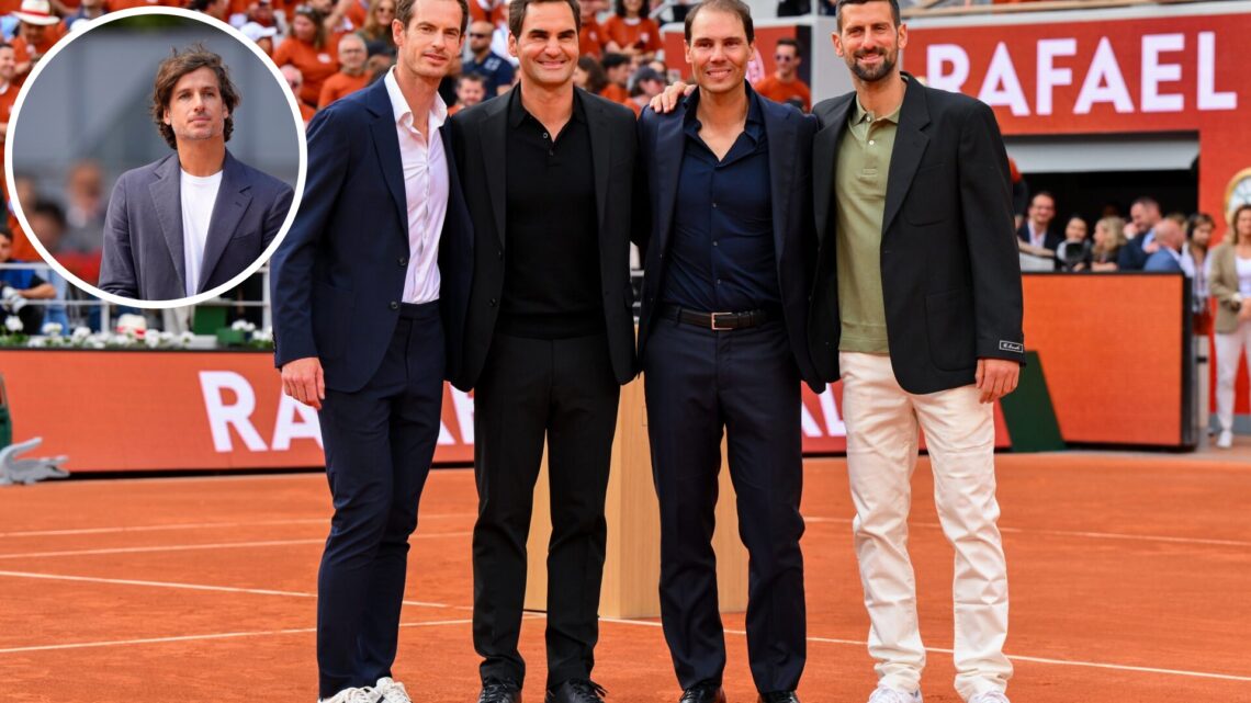 Rafael Nadal poses for a photo with Roger Federer, Novak Djokovic and Andy Murray on Court Philippe-Chatrier during a ceremony held in his honour o...