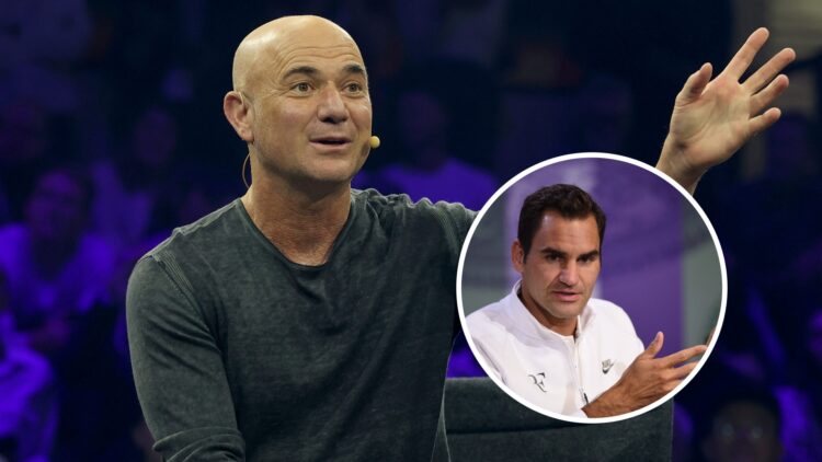 Andre Agassi (L) speaking at an event in Munich in 2024, Roger Federer (R) in a Wimbledon press conference in 2017.