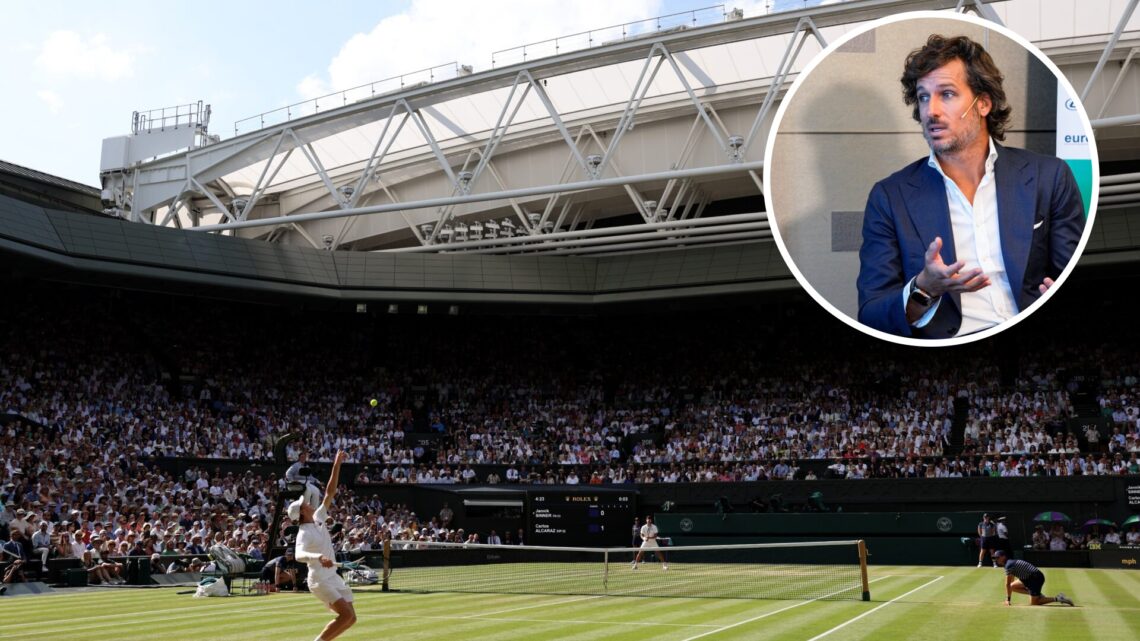 A general view over Centre Court as Jannik Sinner of Italy serves against Carlos Alcaraz of Spain during the Gentleman's Singles Final on day fourt...