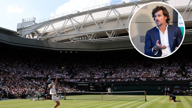 A general view over Centre Court as Jannik Sinner of Italy serves against Carlos Alcaraz of Spain during the Gentleman's Singles Final on day fourt...