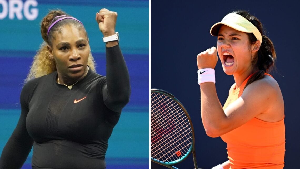 Serena Williams (L) celebrates her win over Caty McNally at the 2019 US Open, Emma Raducanu (R) celebrates at the Italian Open.