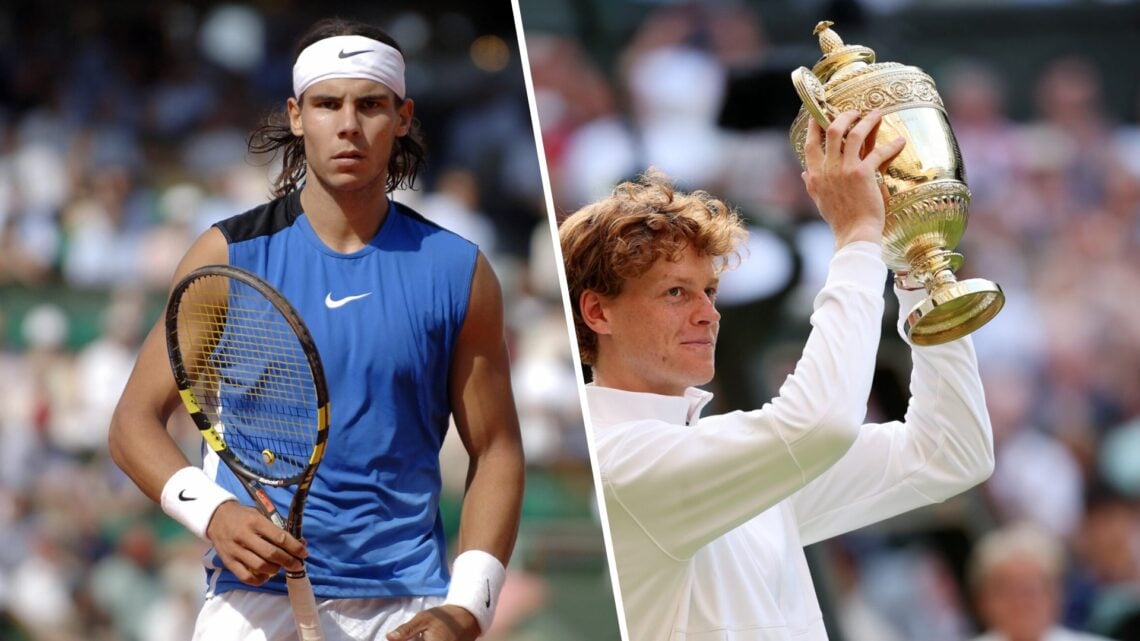 Left: Rafael Nadal plays at the French Open and Right: Jannik Sinner lifts Wimbledon crown