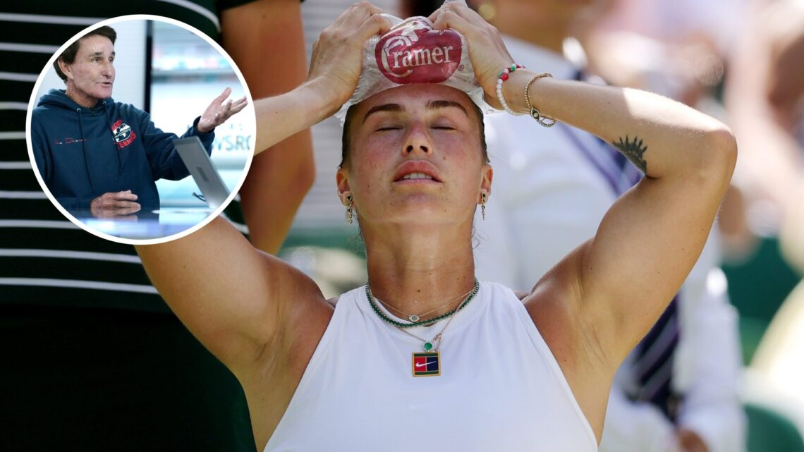 Aryna Sabalenka holds ice on her head during a change over against Amanda Anisimova of United States during the Ladies' Singles semi-final on day e...